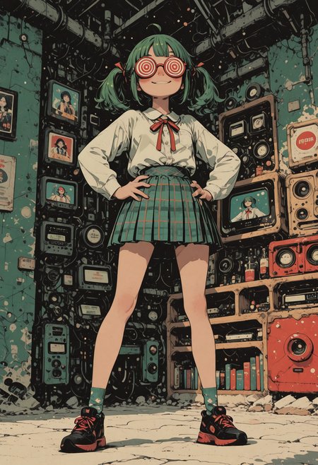 1 girl, smirk, blush,  funny, fujoshi miku, fujoshimiku, green hair, twintails, opaque glasses, coke-bottle glasses, white shirt, red ribbon, pleated skirt, plaid skirt, socks, long legs, big eyes, standing, hands on hips, flat color, pop art, clean lineart, yoneyama mai, ahoge, shoujo style, flat coloring, soft, low angle 
sinozick style, flat color, in the style of cksc, illustration, masterpiece, (extremely detailed CG 8k), (very fine 8K CG), (ultra detailed perfect piece:1.2), lat color, no lineart,,(no lineart, flat art style:1.0), NO_LINE_ART, comical, simple,
 <lora:Sinozick_Style_XL_Pony:0.35> <lora:NOOB_vp1_detailer_by_volnovik_v1:1> <lora:ponyv6_noobV1_2_adamW:0.9> <lora:ck-shadow-circuit-IL:1>