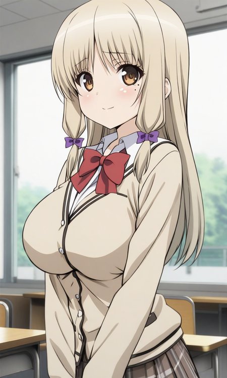 masterpiece, best quality, BREAK
solo, kujoufumi, (big breasts:0.6), school uniform, 
looking at viewer, light smile, blush, mole under eye, red bow, 
indoors, classroom, 
<lora:KujouFumi_XL:1>