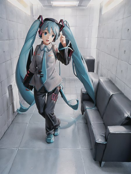 masterpiece, best quality, illustration, 
1girl, solo, (hatsune miku:1.4), hat, top hat, blue sweater, denim, black shoes, sneakers,  walking, 
VIS1,  indoors, tiles,  ceiling, couch, tile wall, realistic,