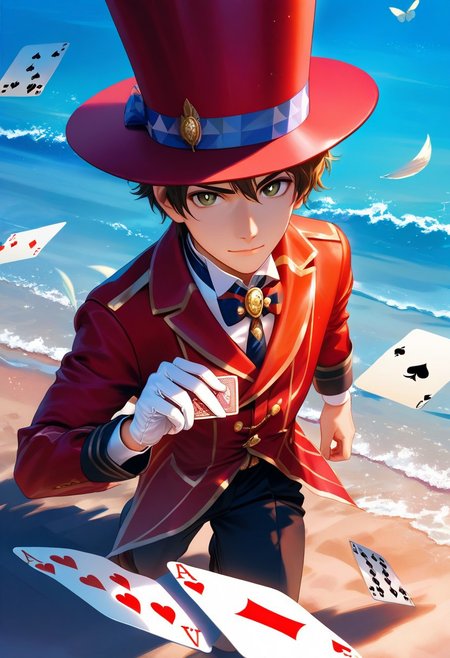masterpiece, best quality, amazing quality, 1boy, Joyful, soft gaze, smiling, [(((brown eyes)))], (fair skin), (short hair, slightly wavy hair), ((pronounced cheekbones and chin)), ((face is rounder)), (male face), (male body), BREAK, circus magician outfit, circus pattern on jacket, red jacket, white gloves, white butterfly clothes, top hat, white t-shirt, playing cards in hand, black trousers, card tricks, BREAK, full portrait view, look to viewer,  BREAK, 
cinematic lighting, highly detailed, dynamic shading, artstation illustration, semi-realistic style, realistic/anime style, fantasy-modern vibe, masculine face, ((black pupils)), best eyes anatomy, best face anatomy, best hands anatomy, BREAK,  very aesthetic, best quality, BREAK,  dark lighting, dark colors, attractive features, detailed hair, detailed features, realistic facial features, BREAK, sea background, dynamic poses, dynamic angle,