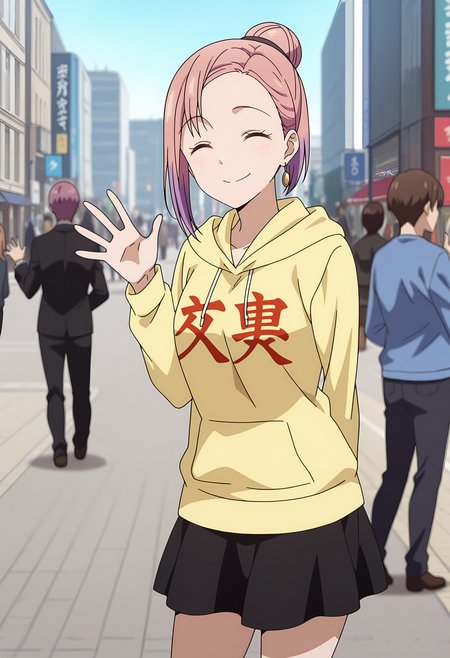 anime screencap, masterpiece, best quality,
<lora:Kaguya-samaWaKokurasetai_KoyasuTsubame_IlluXL:0.9>,
1girl, people, closed mouth, smile,
asymmetrical hair, single hair bun, short hair, multicolored hair, pink hair, purple hair, ^ ^,
print hoodie, clothes writing, yellow hoodie, black skirt, 
waving, arm behind back, standing, looking at viewer, cowboy shot,
city, street, day, photo background, blurry background