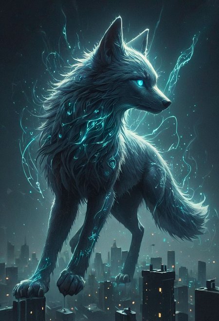 Big enormous giant flying cosmic spectral turquoise fox, transparent, see trough, flying like an comet in the sky, light rays, mystical, glowing eyes, flying high above city, emiting light
