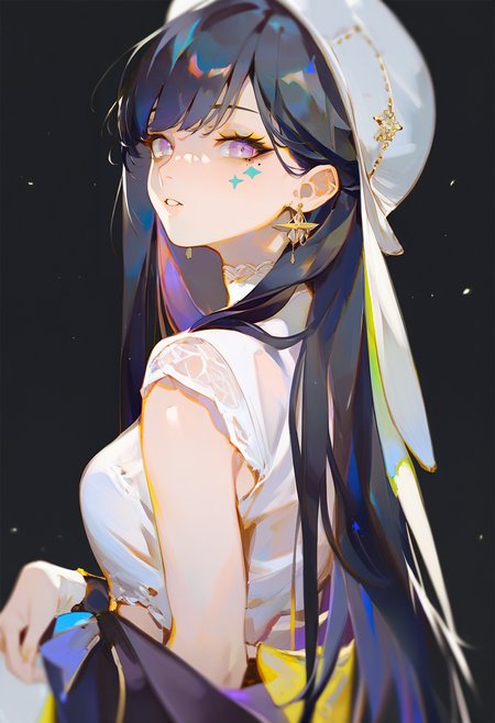 score_9, score_8_up, score_7_up, score_6_up, <lora:rei_XLP6_lokr_V4312:0.95>  1girl, black hair, solo, hat, jewelry, earrings, purple eyes, mole under eye, long hair, looking at viewer, mole, parted lips, white headwear, black background, virtual youtuber, makeup, bangs, multicolored hair, shirt, facial mark, eyeshadow, simple background