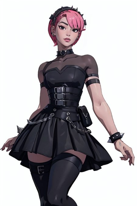 masterpiece,best quality,face detail,extreme detail,8k,white background,<lora:minapark:0.7>,minapark,1girl,solo,looking at viewer,short hair,skirt,thighhighs,dress,jewelry,standing,pink hair,choker,belt,black thighhighs,black eyes,black dress,bracelet,thigh strap,spikes,pouch,spiked bracelet,gothic,wide hips,