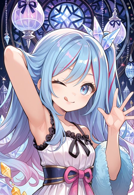 (score_9:0.9),score_8_up,score_7_up,rating_safe,anime style,(zPDXL),(zPDXL3),
<lora:Witchcrafter Madame Verre ponyXL v1:0.7>,witchcrafter madame verre,1girl,one eye closed,tongue out,solo,looking at viewer,smile,arm behind head,> o,waving,;q,one side up,open hand,upper body,portrait,crystal hair ornament,white sleeveless dress,official art,crystal lamp