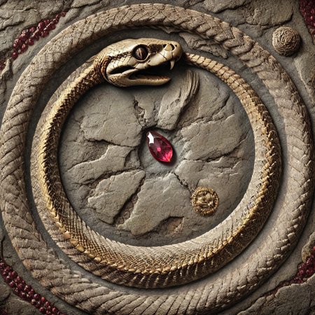 emerald green and gold snake, Ouroboros, DonMF0551l5XL, 8k, high resolution, fine quality, high quality, very detailed, photo realistic, snake eating its own tail, snake with its tail in its mouth, solo snake, detailxl, snake has a ruby as an eye.