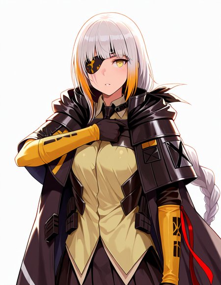 Volumetric Lighting, (masterpiece), (best quality), (ultra-detailed), masterpiece, source_anime, score_9, score_8_up, score_7_up BREAK, illustration, disheveled hair, detailed eyes, perfect composition, moist skin, intricate details, detailed eyes, detailed face, detailed fingers BREAK, M16A1, yellow eyes, white hair,streaked hair, blonde hair, very long braid, single braid, scar across eye BREAK, m16boss, boss_eyepatch, boss_shirt, boss_coat, boss_capelet, boss_yellow_sleeves, boss_black_arm_ribbon, boss_thigh_holster, def_single_cropped_pantyhose, boss_gloves, boss_skirt, boss_necktie, boss_red_arm_ribbon, BREAK, (((white background))), looking at viewer, upper body, thigh