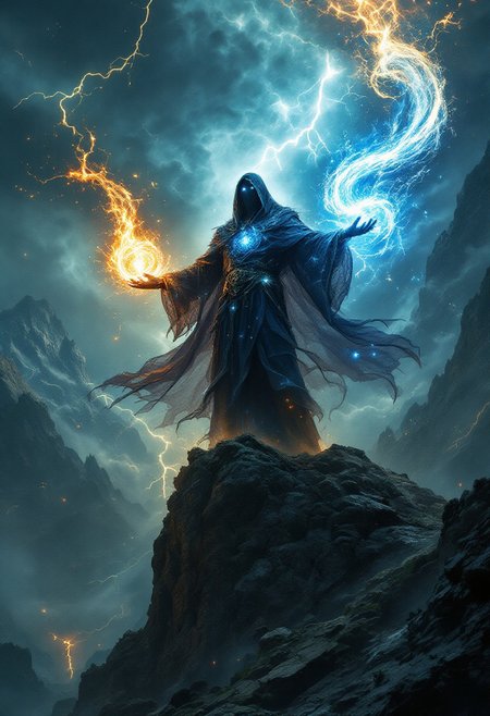 Cinematic  realistic of Under a tempestuous sky torn by lightning, close up of an ancient sorcerer stands atop a jagged cliff, his silhouette framed against roiling storm clouds. Clad in robes woven from starlight and shadow, they ripple and flow as if alive, reflecting the cosmic energies he commands. His eyes glow with intense, ethereal light, mirroring arcane symbols that orbit around.
In his outstretched hands, he wields raw elemental forces: fire spirals from his left, a roaring inferno twisting upward; from his right, torrents of water cascade, forming serpentine streams that defy gravity. Around his feet, the earth rises in jagged shards, while above him, winds swirl into a vortex, tearing at the very fabric of reality.
The landscape below is a vast expanse of crumbling ruins and ancient forests, illuminated intermittently by flashes of lightning that cast stark shadows. In the distance, towering mountains loom, their peaks lost in the storm. Ethereal spirits of air, fire, water, and earth—emerge from the elements, their forms both beautiful and terrifying.
The scene is awash in deep blues, fiery oranges, and vivid greens, each color highlighting the different elements at play. Sharp contrasts between light and dark emphasize the sorcerer’s dominance over nature’s forces. The composition balances the chaotic energy of the elements with the poised control of the sorcerer, creating a visually stunning tableau that captures the awe-inspiring power of magic unleashed.