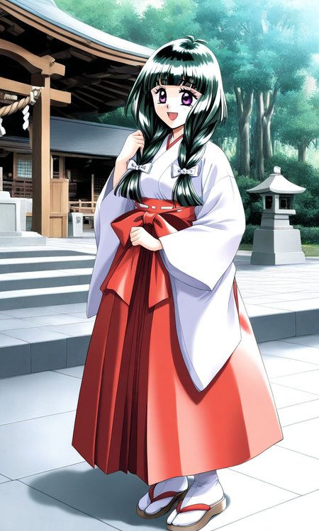 general,highres, ultra-detailed,very aesthetic,best quality ,best hands, BREAK  <lora:Kamiyama_Miko_kakyuusei_Ver2.0_IS:1>Kamiyama_Miko(kakyuusei), 1girl, solo, dark green hair,, long hair, purple eyes, twin braids, white bow, blunt bangs, hair bow, medium breasts, smile, open mouth,
air over shoulder, miko, japanese clothes, skirt, hakama, red hakama, hakama skirt, long sleeves, day, outdoors, wide sleeves, shrine, tabi, standing, cowboy_Shot, tree,