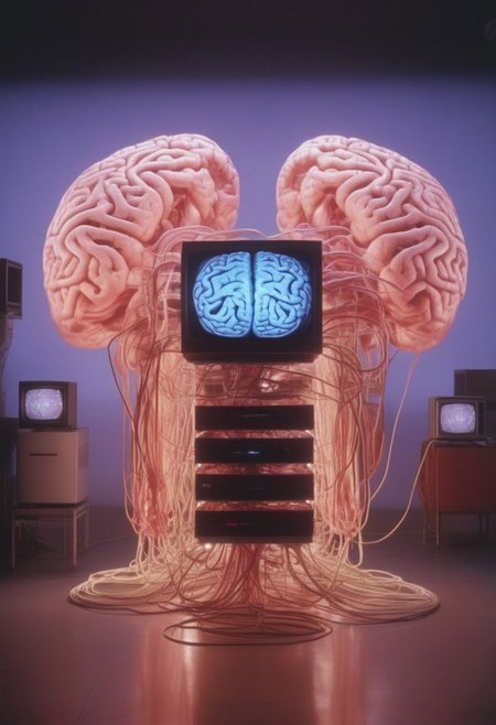 crt style tvs sets multiple human brains emerging from woman glowing massive amounts of intestines and cables woven together inside multiple modern television sets in technology warehouse