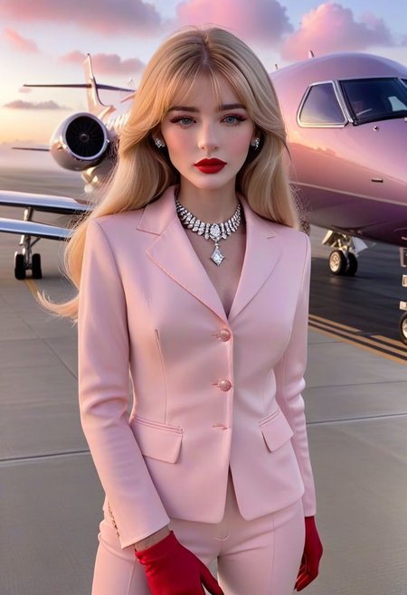 James Bond 007 style, foggy airport runway at dawn, award-winning film still of 4ng3l face egirlmakeup young skinny woman in front of luxury private jet, full body, colorful sexy outfit, skinny, high heels, long thin legs, freckled pale skin, blunt bangs, very long shiny blonde hair down front, glossy red lipstick, delicate feminine features, driving gloves, sparkling diamond necklace, blushing pink cheeks, purple pink orange fog clouds, epic, 8k, highly detailed, interesting and captivating