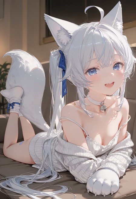 1girl,myako \(vtuber\),indie virtual youtuber,ahoge,animal ears,animal hands,bandaid,bandaid on leg,bare legs,bare shoulders,bell,blue eyes,breasts,camisole,choker,cleavage,collarbone,couch,fox ears,fox girl,fox tail,full body,gloves,hair ribbon,hand up,jacket,jingle bell,legs up,long hair,looking at viewer,lying,night,off shoulder,on couch,on stomach,open mouth,paw gloves,ribbed jacket,ribbon,shirt,small breasts,smile,socks,solo,spaghetti strap,strap slip,tail,tail raised,thighs,twintails,very long hair,virtual youtuber,white choker,white hair,white jacket,white shirt,white sock <lora:CunnyFunkyXL_NB11_lokr_V6311P:0.95>