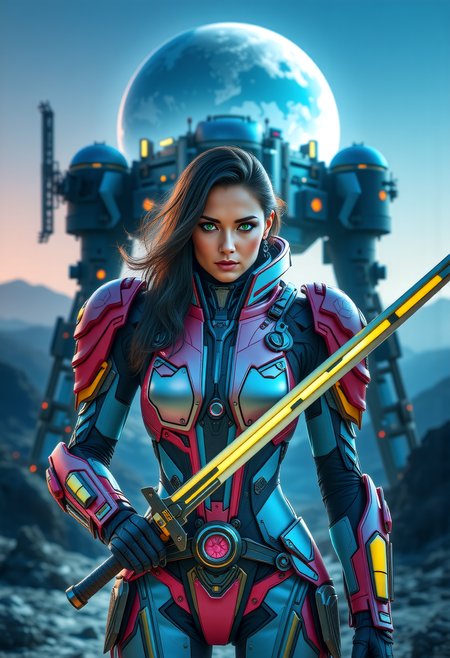 a futuristic lunar colony overlooking Earth, a fierce warrior stands ready for battle. Her medium build, dark hair, and green eyes exude a sense of determination. Dressed in a Synth-Leather satin pink and satin baby blue power armor Tactical Suit with satin yellow highlights, a futuristic bodysuit designed for urban operation. The connects to her cybernetic enhancements. Segmented carbon-fiber panels reinforce her shoulders, chest, and forearms, providing protection without compromising style. She wields a plasma longsword.  Behind her a heavy mech with MechArmor, stands tall, its bulkiness a testament to the strength and versatility of the colony. The colony's domes, shimmering above the Earth's glow, provide a breathtaking backdrop, while the grey lunar landscape and mining rigs add a sense of isolation. This scene, with its off-center composition and extreme close-up on Rina's facial details, captures the essence of a futuristic warrior, showing the fusion of technology and the mysteries of the lunar colony.     <lora:scifi/fluxPunk_v11:0.8> <lora:scifi/RM MechArmor v0.9M.safetensors:0.7>,  <lora:scifi/RM Robotify v0.7M.safetensors:0.7>,  <lora:art and styles/MysticFantasy.safetensors:1.0>,  <lora:flux/flux_realism_lora.safetensors:1.0>,
