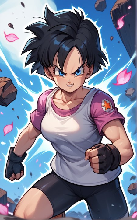 score_9, score_8_up, score_7_up, absurdres,full body, aura, powering up, energy, fighting stance, serious, debris, aura, powering up, energy, fighting stance, serious, debris, falling petals, <lora:PONYXL_DragonBall_Videl_ownwaifu:1> BREAK  ShortHair_MainOutfit_Videl_ownwaifu, 1girl, black hair, blue eyes, eyelashes, short hair, spiked hair, bangs, pink shirt, collarbone, fingerless gloves, black gloves, short sleeves, bike shorts, breasts, t-shirt, tomboy, white tank top, medium breasts, black shorts, raglan sleeves,  <lora:add-detail-xl:0.15>,