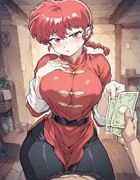 1girl ,ranma-chan ,mogudan,kcar66t:0.7,minew:0.7,Fishine, ranma saotome, braid, red hair, single braid, braided ponytail, red eyes,pants, chinese clothes, tangzhuang, NabikiTendoRXLv3, thick thigh, black stocking,
living room, 1boy , blush ,breast,holding, holding_money ,implied_prostitution ,indoors, large_breasts,looking_at_viewer ,money ,pov ,pov_hands  ,psweat, teeth ,thighs , night,
detailed background, best quality, masterpiece
<lora:illustrious_noobai_epsilon_pred_1_best_quality_v1:0.7> ,<lora:illustrious_noobai_epsilon_pred_1_masterpieces_v1:0.7>, <lora:ponyv4_noob1_2_adamW:0.7>, <lora:add-detail-xl:0.6>,  <lora:mogudan_xl5:0.8> <lora:ranma-saotome-alpha-ponyxl-lora-nochekaiser:1>