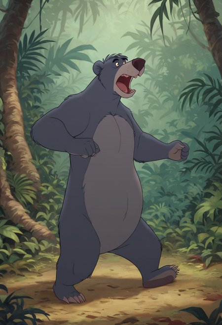 score_9, score_8_up, score_7, score_6_up, score_5, jungle in background, solo, 
(baloo:1.2, bear), two tone fur, dark grey and light grey fur, male, brown eyes,
roaring
, furry body, fur, full body,
 <lora:Furry_Lora_Baloo_Jungle_Book:0.6>
<lora:J_cartoon:0.6>
<lora:Top 2.5DCartoonV2:0.4>