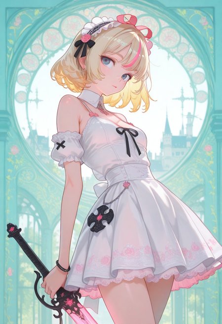 masterpiece, best quality, amazing quality, very aesthetic, absurdres, newest, dim light, dramatic lighting, highres, digital art, surreal, dynamic composition, 8K, depth of field, focused subject, best quality, (art nouveau illustration:0.9),
BREAK,
1girl, 25 years old, kawaii, cute, attractive, blonde hair, pink streaked hair, gothic make up, beautiful sundress \lace elements, gothic ornament\, gothic castle in pop art style in the background, vibrant, sensual, massive sword in hand,  elegant, perfect, detailed,
BREAK,
artist_moriimee, Y0ney4m4_illu, artist_moriimee, monmon2133, fusion of the brightness of pop art style and the depressiveness of gothic style, final fantasy influence, an unexpected combination of melancholy and optimism, UFD-Illu