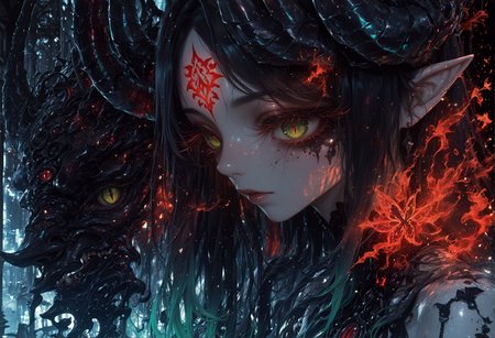 masterpiece, best quality, very aesthetic, absurdres, newest, 4ur4_illu, shiny, xxx667_illu, 15546+456868, score_9, score_8_up, score_7_up, dramatic lighting, breathtaking texture, amazing quality, (scenery, volumetric lighting), close-up, eye_focus, full face, face focus, portrait, solo, KRShamilla, 1girl, solo, pointy ears, pelvic curtain, black hair, forehead mark, elbow gloves, black gloves, dress, gradient hair, green eyes, vertical slit pupils, red pupils, very long hair, demon girl, black footwear, parted bangs, bare shoulders, demon horns, garter straps, black footwear, close-up, ultra-detailed, soft shimmer, gradient color transition, surreal dreamy gaze, hyper-realistic lighting, long delicate eyelashes, ethereal glow, fantasy aesthetic, anime digital painting, soft brush textures, ultra-high resolution ,masterpiece, best quality, amazing quality, very aesthetic, absurdres, newest, (scenery, volumetric lighting),