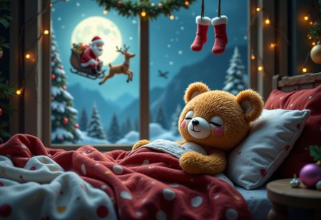 Christmas night, cute bear doll sleeping in bed, smiling and eyes closed, on the windowsill, moonlight, Santa's boots hanging, Christmas tree next to the bed, Santa Claus flying through the window Image of reindeer sleigh, smiling face, and clay model,
aidmafluxpro1.1