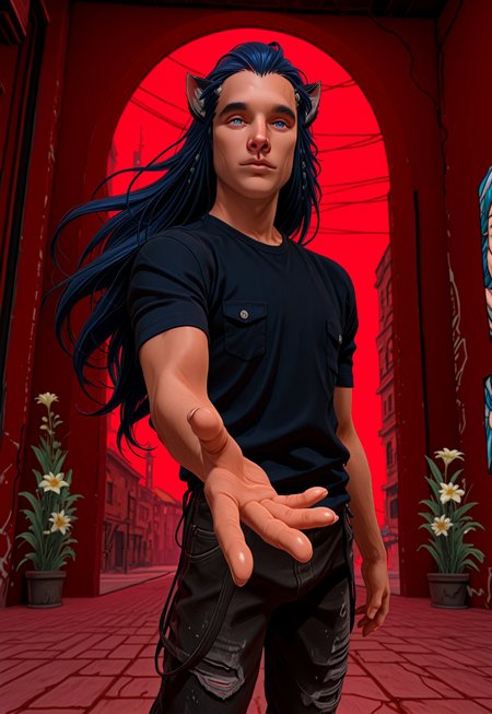 masterpiece, very aesthetic, best quality, absurdres, newest, SMN0UV34UDSK, art nouveau,  1boy, tobias x'voor, animal ears, blue hair, graffiti, cat ears, long hair, red background, road, shirt, solo, outstretched hand, close-up, looking at viewer, cinematic angle, foreshortening, dark, black space, flowers, arc en ciel , negative space,  belle époque, jugendstil, secession, liberty, guimard, mucha, klimt, fin de siècle, anime screencap, retro art style, flat color, 