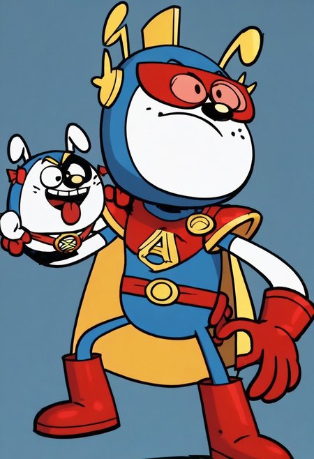 (score_9 | score_8_up | score_7_up) ((masterpiece:1))(best quality,very high quality,ultra detailed:1.2) (2D,cartoon style,anime style)(Smooth:2)(clean blurring) (four fingers on each hand,one thumb on each hand:1), solo, charles, dog, black spot on left eye, white, happy, red blue and yellow super hero costume, blue super hero costume, super hero, red goggles, two side winged headpiece, yellow cape, thick red boots, red glove, 'A' Logo in the middle, AP Puppet,hand puppet, dog puppet