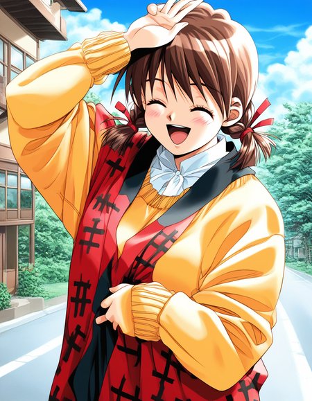 score_9, score_8_up, score_7_up, source_anime, rating_explicit, BREAK <lora:Nagashima_Kumiko_XL:1>Nagashima_Kumiko, brown hair, brown eyes, hair ribbon, red ribbon, twin braids, bangs, short twintails,
1girl, solo, closed eyes, open mouth, outdoors, day, long sleeves, sweater, smile, blush, arm up, ^_^, upper body, happy, yellow sweater, building, haori, hanten (clothes), house, sky, :d, road, facing viewer