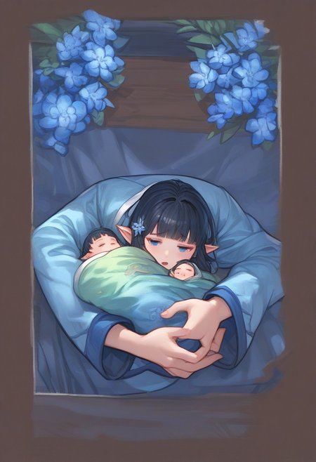 1girl, score_9,score_8_up,score_7_up, blanket over body, 
elf ,pointy ears, blue eyes and long black hair, couplelunia, short skirt blue kimono, long black hair mother, wide long sleeves blue kimono, white sock, green obi, himecut, hime cut, blush, black hair wife, blue eyes, close up shot, upper body, blue flower hairpin, white sock, opened mouth,
 looking down at baby, sitting down, (baby sleeping), baby carry, holding baby,