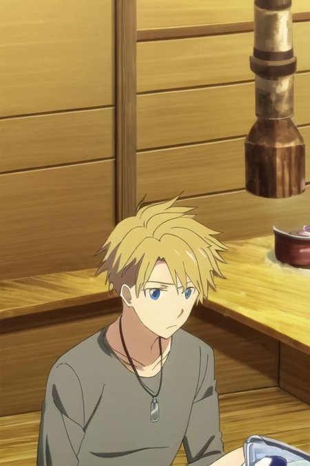 high resolution, professional photography, solo, best quality, 1Boy, Yamato Ishida, Blond Hair, Deep Blue Eyes, Necklace, cooking, kitchen, OverallDetail