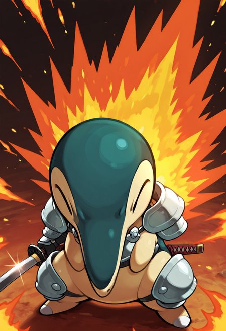 masterpiece, best quality, no humans, solo,    zzCyndaquil, wearing samurai armor on torso, holding katana, standing firm in a moonlit clearing, back flames erupting in a fiery burst as it braces for a charge, , <lora:CyndaquilPokedex_IXL:1.0>,