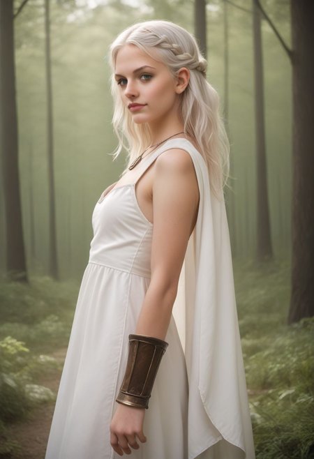 score_9, score_8_up, score_8_up, Expressiveh, RAW, photo, realistic, concept art, vignette, 1 gentle celtic girl posing dramatically in an verdant forest, long hair, white hair in celtic braid, broad shoulders, trees, white cloak, white dress, thin necklaces, bracers, cowboy shot, from side, looking at viewer, content, graceful, pure