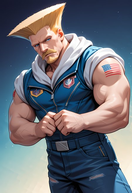 masterpiece, best quality, amazing quality, dutch angle, abstract background, BREAK
1boy, solo, male focus, sf_guile, blonde hair, blue eyes, facial hair, goatee, mustache, muscular male, american flag tattoo, blue hoodie, rolled sleeves, jeans, BREAK
<lora:cfg_scale_boost:.6> <lora:Guile_-_Street_Fighter_-_ILXL:1>