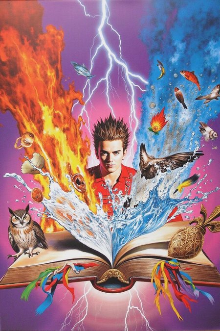 chenu1 illustration. 
A vibrant and surreal painting of a young man standing in the center, with an intense expression and spiked hair, surrounded by dynamic and fantastical elements. An open book floats in front of him, with its pages transforming into vivid, symbolic imagery: flames erupting from one side, water splashing and fish jumping on the other, lightning crackling above, and colorful ribbons, feathers, and tentacles flowing outward. An owl sits on one corner of the book, while a golden ornamental object decorates the other. The background is a gradient of bright purples and blues, adding an ethereal, dreamlike quality. The composition is energetic, with fine details and a mix of realism and fantasy elements, symbolizing imagination and knowledge. <lora:chenu2_poster_cap_d6a3:1.0><lora:822573876275046915:0>