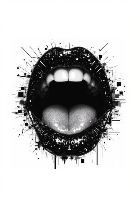 aidmafluxpro1.1.
Silhouette of lips, mouth slightly open with visible teeth, minimalist style, black and white, glitch art in the style of a halftone print artwork