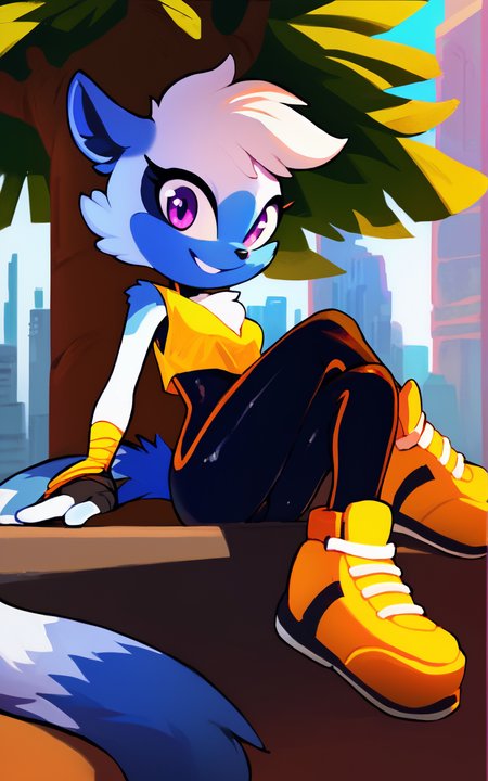 score_9, score_8_up, score_7_up,((best quality)),((full body)), absurdres,<lora:3d-2d:0.8>,   <lora:TangleTheLemurSDXL:0.8>,TangleTheLemurSDXL,furry female, furry, gloves, tail, animal ears, fingerless gloves,purple eyes, short hair, shoes,animal nose,white hair,bodysuit, bandages, yellow footwear, skin tight,blue fur, black bodysuit, Sleeveless,yellow  crop top,solo,slim,sitting on a tree branch, city,sci-fi,waving, looking at viewer,smile, Crossed legs