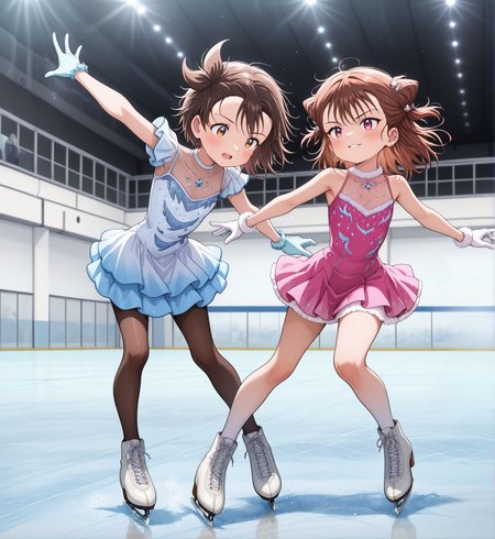 masterpiece,best quality,amazing quality,very aesthetic,absurdres,newest, huge filesize,
<lora:spo_sdxl_10ep_4k-data_lora_webui:0.5>,
<lora:add-detail-xl:1>
2girls,ice skating,
BREAK
2girls,ice skating,
<lora:MedalistV1:1>MedalistV1,
m_inori,
1girl,
dress,  brown hair, 
 pantyhose,
ice skates,
Ice skating rink,
BREAK
2girls,ice skating,
m_miketa,
pink dress,bare shoulders, 
brown hair,
gloves,
ice skates,
Ice skating rink,