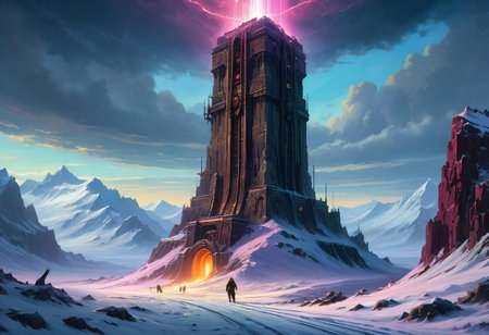 [(ominous mechanical monolith:1.40) ::0.40], (Glowing tower in a doomed snowy tundra), [Jakub Rozalski's sci-fi art: dieselpink style: 0.70], a majestic and foreboding image of a towering mechanical monolith radiating an eerie glow amidst the darkness of a snow-covered tundra, reminiscent of Jakub Rozalski's sci-fi retro-futuristic dieselpunk art style. Inspired by Anders Zorn and Joseph Christian Leyendecker, this artwork features neat tangents with negative space, dramatic lighting casting detailed shadows and highlights for depth, and a vibrant HDR digital painting brimming with colorful richness
[(literary legends tribute:1.35) ::0.35], (Art inspired by Andre Norton and Don Maitz), [fantasy-inspired illustration: iconic styles blend: 0.70], a captivating artistic tribute to the works of Andre Norton and Don Maitz, presenting a fantasy-inspired illustration where their iconic styles seamlessly blend to create a whimsical and enchanting world