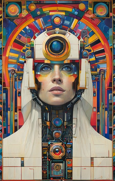 masterpiece,best quality,<lora:tbh147-sdxl:1>,illustration,style of Paul Laffoley portrait of robot
