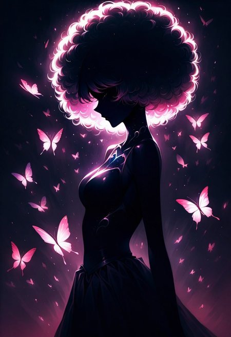 (graphic novel style, dark novel style, comic style, 2d:1.5), (hyperrealism, masterpiece:1.4), (colourful, soft cinematic light:1.1), incredibly lifelike, Extremely high-resolution details, 8k, best quality,extremely detailed, colorful,
African woman, afro hair, full body, <lora:flame silhouette:1>, <lora:flame:1>, <lora:copax magician:1>, mutli colored butterflies flying around, blooming flowers, hidden face, illuminated silhouette,