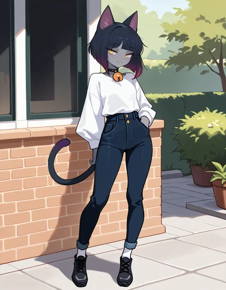 masterpiece, best quality, very aesthetic, absurdres,
outdoors, casual, 
full body, standing, posing,
seductive smile, parted lips, long eyelashes,
<lora:Agnes_v01_NAIXL:1>
4gn3s,1girl,solo,cat girl,cat ears,multicolored hair,bangs,bob cut,yellow eyes,neck bell,grey skin,cat tail,