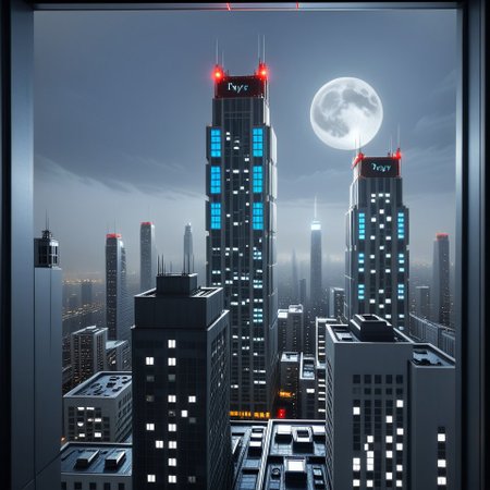 Night, view around window of upper floor skyscraper. dark gray sky and a light gray sky illuminated by a bright white-blue moon, above two skyscrapers a red diode warning aircraft,
light bluish gray-light skyscrapers sometimes with a light greenish tint with frequent square windows, on earth a group of golden square-shaped ornaments on black ground surrounded by gray lines and ornaments with rectangular lines far focus, twinkling windows and stars, brilliant coloring, crispy quality, vray; Pixar, ; HD, HDR, SF, CGSociety, 16k, photorealistic, unreal engine