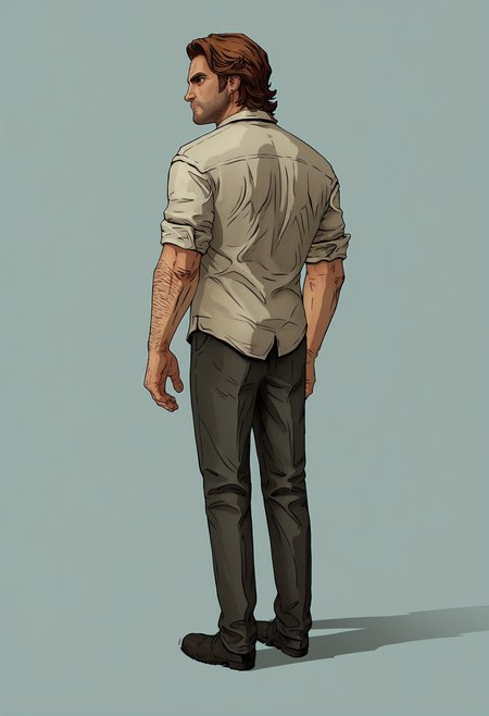 score_9, score_8_up, score_7_up, score_6_up, score_5_up, score_4_up, 1boy, <lora:BigbyWolf:0.85> solo, brown hair, facial hair, brown eyes, stubble, shirt, pants, black necktie, collared shirt, arm hair, full body, standing, from behind, looking back, 
(light blue background), simple background,