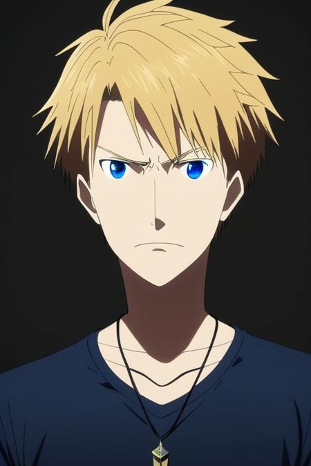 high resolution, solo, best quality, 1Boy, Yamato Ishida, Blond Hair, Blue Eyes, Necklace, potrait, dark shirt, looking at viewer, focused gaze forward, simple background, straight body, upper body, head upright, sadness, OverallDetail