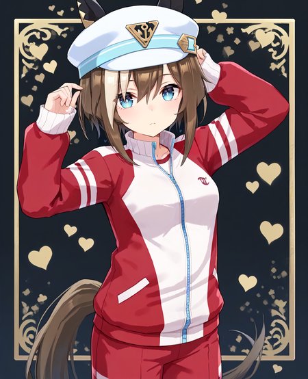 score_9, score_8_up, score_7_up, 1girl, (looking at viewer:1.2), (closed mouth:1.0), expressionless,, , heart background,, 
(stylish pose:1.2),, (,:1.2), 
<lora:pony_cheval_grand_v1.06:0.8>, horse ears, horse tail, black ear covers, cheval grand \(umamusume\), , medium small breasts, captain hat, short hair, 
<lora:_sdxl-um-tracenjersey-pony:0.6>, red jacket, track jacket, sleeves past wrists, tracenjerseypants, red short pants,,