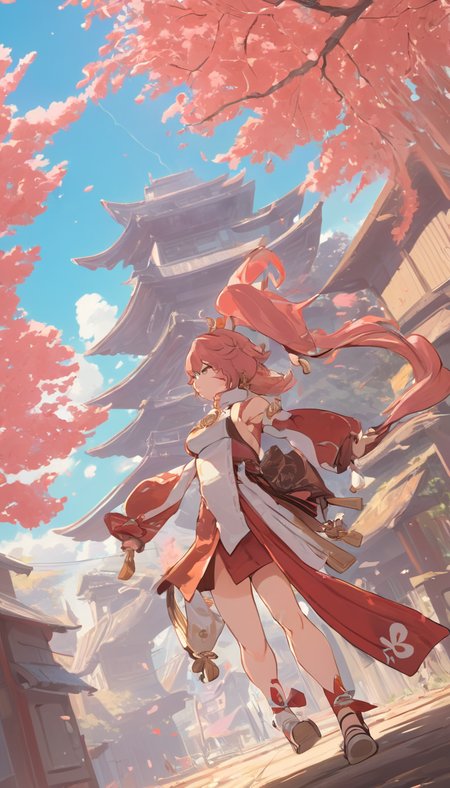 Cinematic scene, hero view, Yae Miko, Genshin Impact <lora:yae_miko_xl_v1:1>, action pose, detailed background, masterpiece, best quality, high quality, highres, absurdres, (Studio ghibli style, Art by Hayao Miyazaki:1.2), Anime Style, Manga Style, Hand drawn, cinematic, Sharp focus, humorous illustration, big depth of field, Masterpiece, concept art, trending on artstation, Vivid colors, Simplified style, trending on ArtStation, trending on CGSociety, Intricate, Vibrant colors, Soft Shading, Simplistic Features, Sharp Angles, Playful
