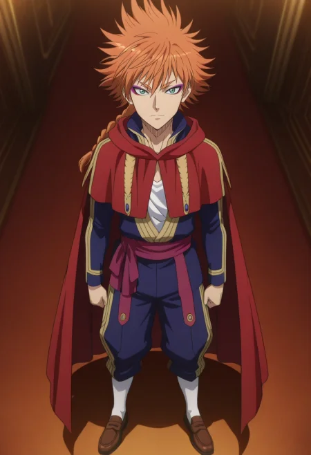 masterpiece, best quality, , anime screencap, anime coloring, official style, looking at viewer, 1boy, solo, male focus, <lora:leopold_vermillion_ilxl:0.98>, leopold_vermillion, orange hair, green eyes, spiked hair, long hair, braid, single braid, makeup, eyeshadow, eyeliner, cape, , Moroccan Seersucker pants, LemonZest Houndstooth Sleeveless muscle hoodie, Penny loafers, ,