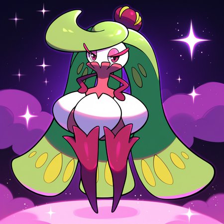 score_9_up, score_8_up, score_7_up, score_6_up, best quality, source_anime, soft shading, black background, sparkles, pink fog:1.4, pink clouds:1.4, BREAK 1girl, solo, tsareena, pokemon, flora fauna, green hair, long hair, wide hips, white head, eyelashes, pink eyeshadow, purple eyes, purple boots, standing, looking at viewer, hands on hips, narrowed eyes,   <lora:PDXL_Tsareena_PKMN:0.8>