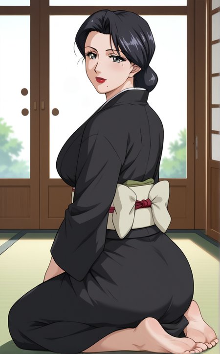 score_9, score_8_up, score_7_up, kneeling, full body, looking at viewer, indoors, bokeh, negative space, <lora:PONYXL_MistreatedBride_SumieTakayanagi_ownwaifu:1>, BREAK BlackKimono_SumieTakayanagi_ownwaifu, 1girl, black hair, black kimono, breasts, grey eyes, japanese clothes, lipstick, makeup, mature female, mole under mouth, red lips, short hair, single hair bun, eyelashes, sash, hair up, large breasts, lips, long sleeves, obi, <lora:add-detail-xl:0.15>,