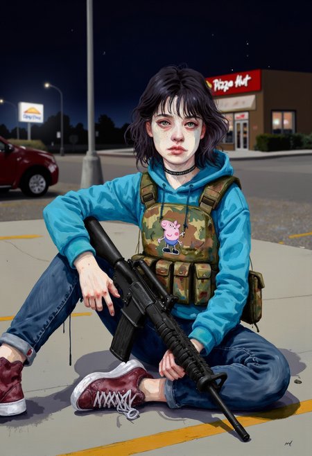Watercolor painting of early 20's female wearing multicam military bulletproof vest with tactical pouches with peppa pig patch over blue hoodie with rolled up sleeves, high top sneakers, skinny jeans, holding black tactical assault rifle, wearing a lacy choker, sitting on ground at empty pizza hut parking lot at night, choppy layered hair with long bangs, pretty face with freckles and green eyes, her hands are not deformed, she is not missing any fingers