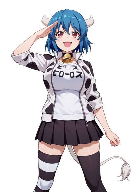 Smooth Quality,masterpiece,very intricate, high quality details, ultra realistic, high detailed skin,detailed enviorement,absurdres,
straight-arm salute,
 <lora:Minos_CNR:0.8> minos_cnr,  1girl, blue hair, short hair, bangs,red eyes, cow girl, cow horns, cow tail, large breasts,minos_def_cnr,cow print,black skirt, pleated skirt, white jacket, collar, striped thighhigh, (black thighhigh:1.1),cowbell, open jacket, white shirt, asymmetrical legwear,, crazy smile,, simple background, white background, front view,solo,