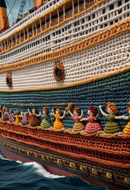 The scene from the Titanic with arms out on the front of the ship, in the style of crochet, vibrant, Masterpiece, (8k), highest-quality, intricate details, highly detailed, best artist, micro-details, micro-details within the micro-details, sharp edges, detailed textures, ((full body cinematic)), atmospheric lighting, visually stunning, perfect composition, trending on artstation
